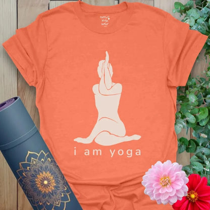 Heather Orange I Am Yoga T-Shirt featuring bold yogi graphic and mantra “I Am Yoga.” Vibrant yoga gift shirt for grounding and strength.