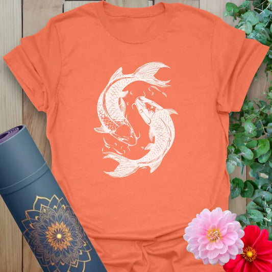 Vibrant orange yoga t-shirt showcasing swirling koi fish artwork perfect for soulful movement and conscious living.