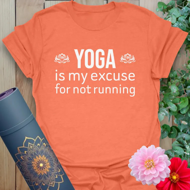 Vibrant orange yoga t-shirt showcasing funny yoga quote perfect for soulful, conscious humor and light-hearted movement.