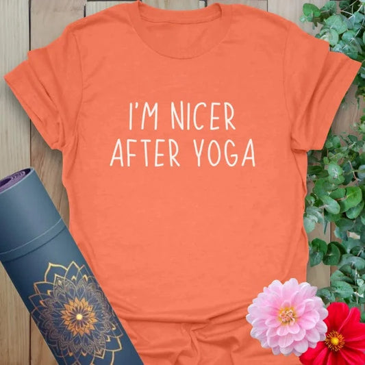 Vibrant orange yoga t-shirt showcasing witty mindfulness message inspiring joyful living and heart-centered humor.