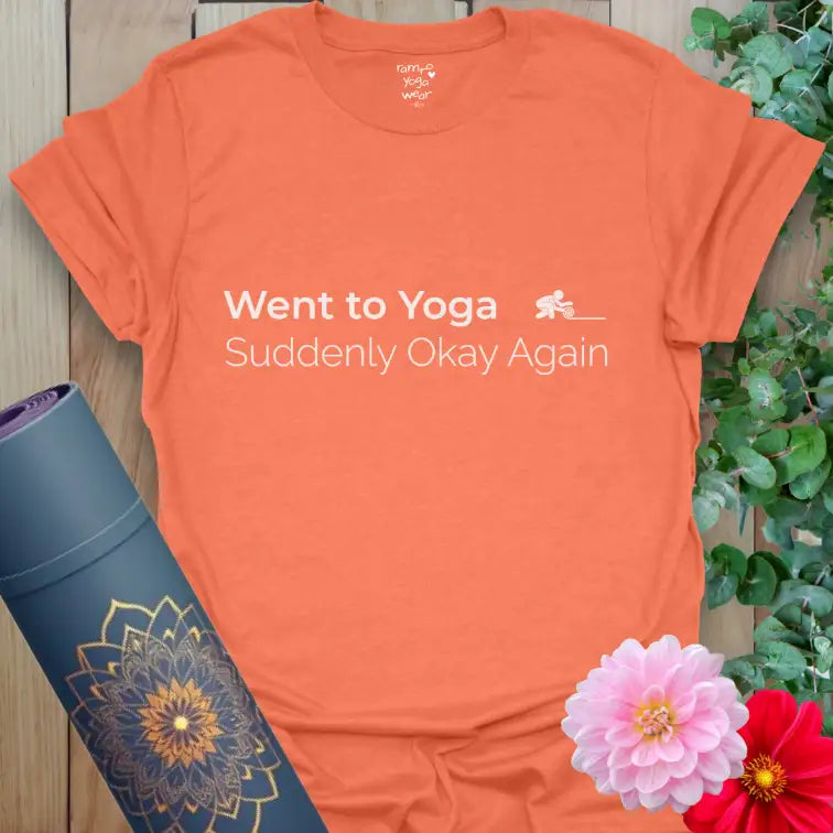 Heather Orange Okay Again T-Shirt with crisp white text design. Cheerful yoga tee that captures the instant calm of your favorite class.