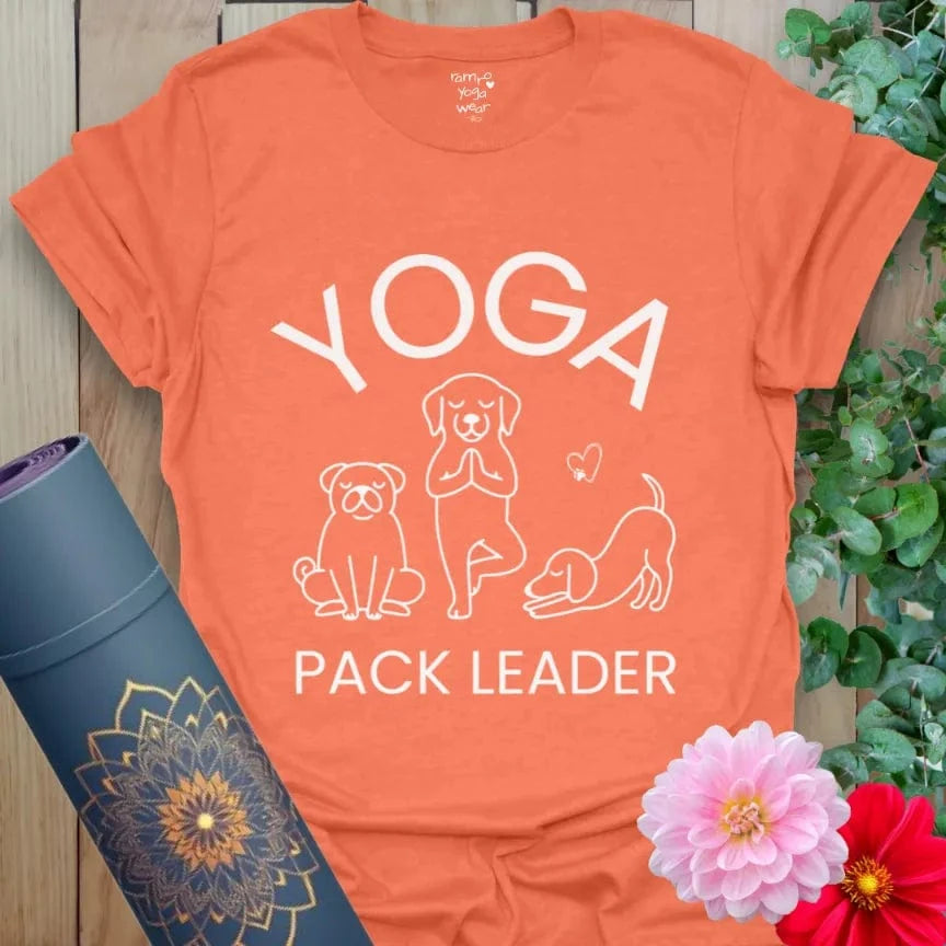 Heather Orange Pack Leader T-Shirt with cute dog yoga poses. Soft yoga shirt for dog moms and yogis.