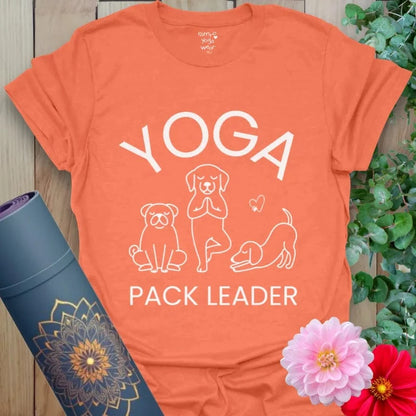 Heather Orange Pack Leader T-Shirt with cute dog yoga poses. Soft yoga shirt for dog moms and yogis.