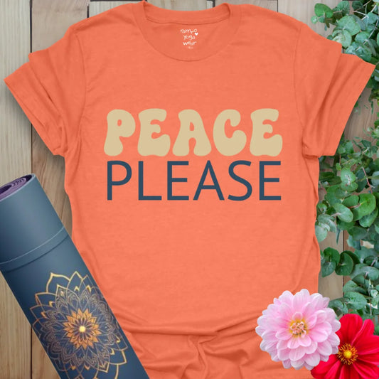 Heather Orange Peace Please T-Shirt featuring bold bubble letters and grounded script. Bright and mindful daily wear.