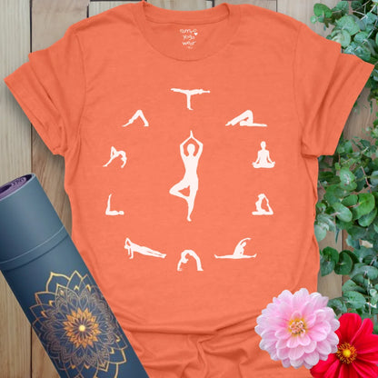 Vibrant orange yoga t-shirt showcasing graceful yoga flow artwork inspiring soulful practice and conscious living.