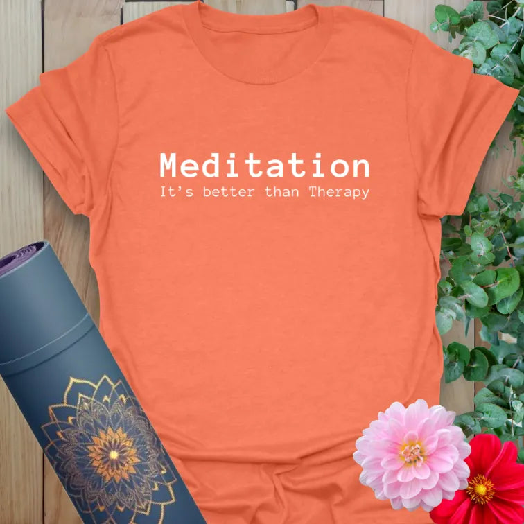 Vibrant orange yoga tee with minimalist mental health quote and casual meditation-inspired design.