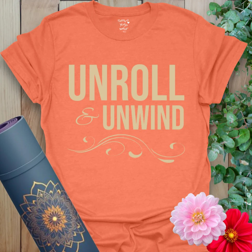 Heather Orange Unroll T-Shirt featuring soft flourish and centered yoga mantra. Lightweight tee for slow and soulful movement.