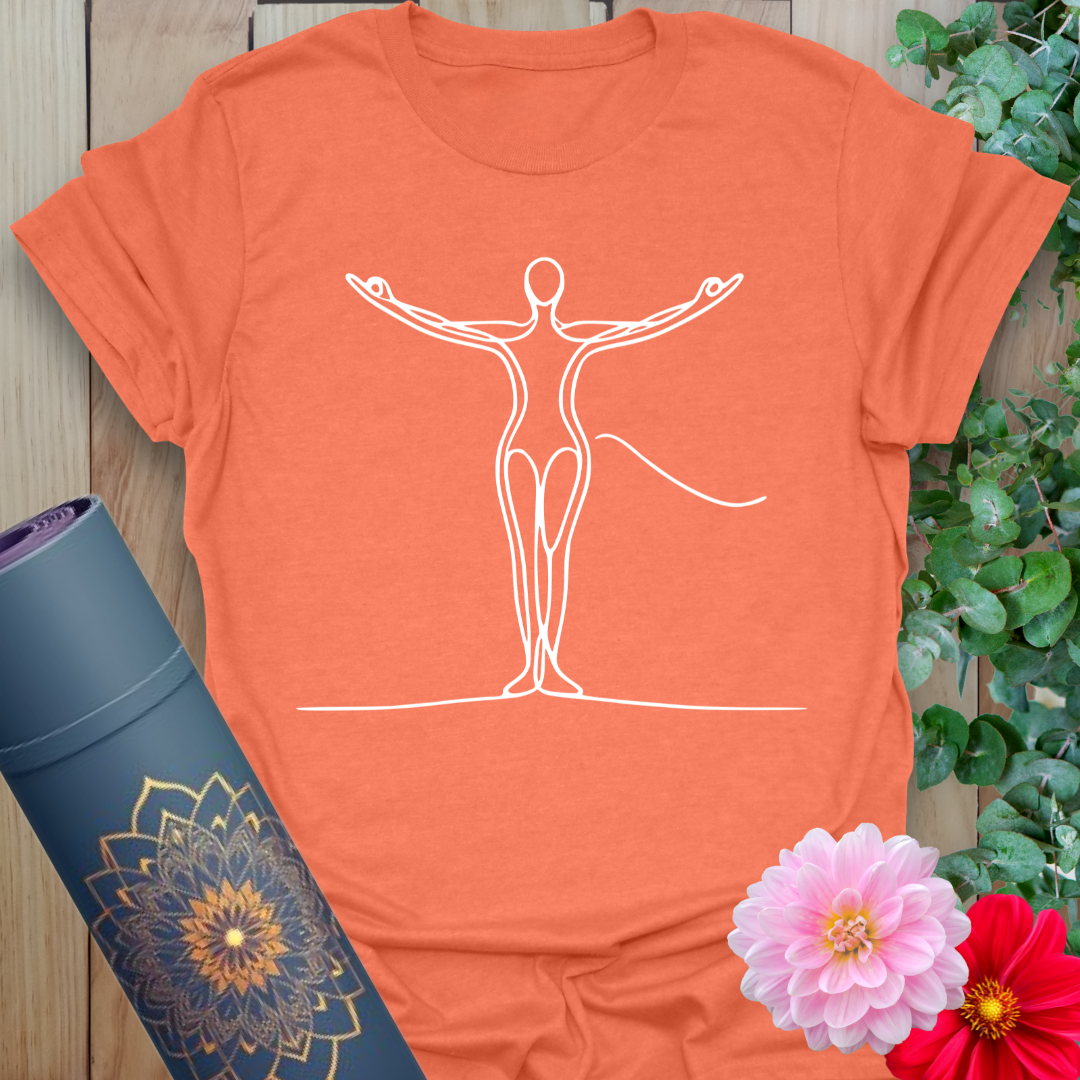 Vibrant orange t-shirt with open-arm yoga pose line art for conscious empowerment and energetic expression.