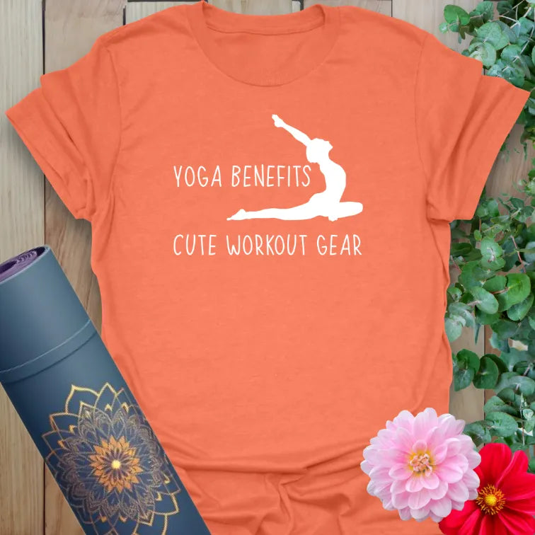 Vibrant orange t-shirt with playful fitness message and yoga pose design for stylish activewear lovers.