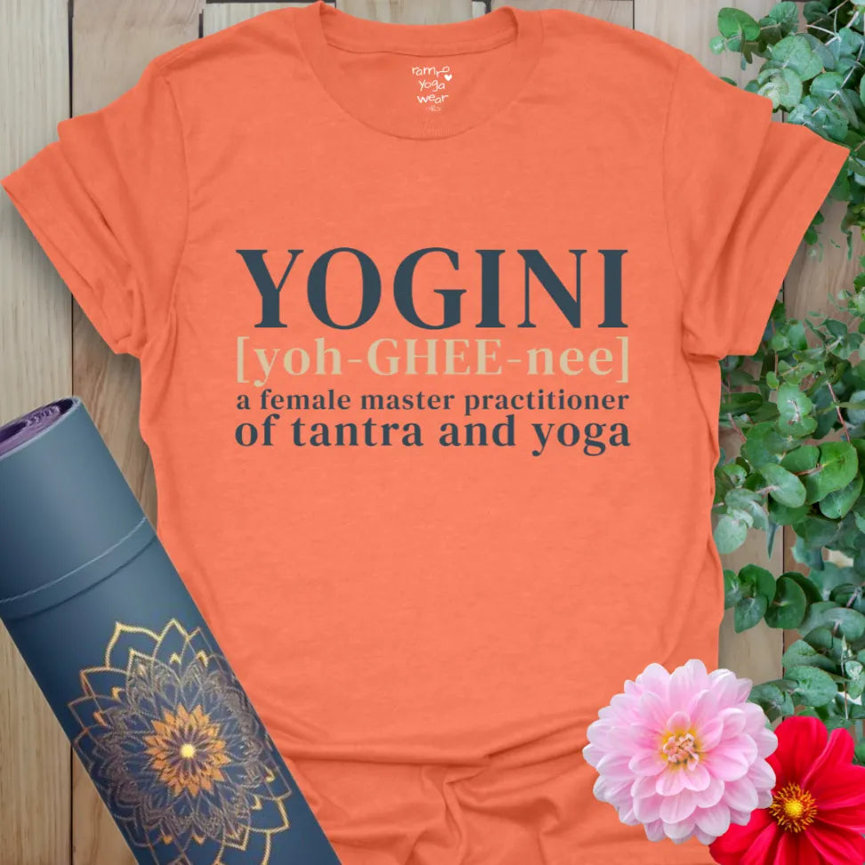 Heather Orange Yogini T-Shirt showing the word and meaning in stylish print. Perfect yoga gift for her.