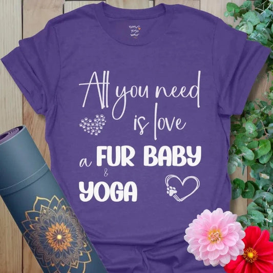 Deep purple yoga gift tee with playful fur baby and yoga lettering.