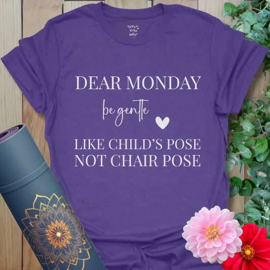 Heather Purple Be Gentle T-Shirt with premium minimalist design and Monday yoga message. Relaxed unisex yoga shirt.