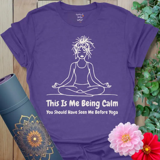 Heather purple color yoga t-shirt with illustrated yogi and lighthearted before-yoga calm design.