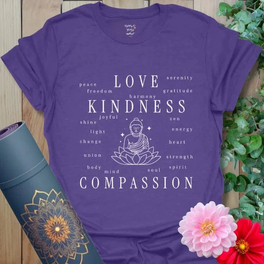 Purple tee with Buddha lotus design featuring positive affirmations and mindful words.