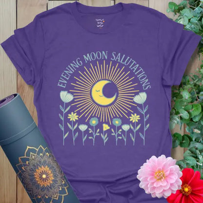Heather Purple Evening Moon Salutations T-Shirt with glowing moon and bright wildflowers. Joyful yoga tee with radiant evening energy.
