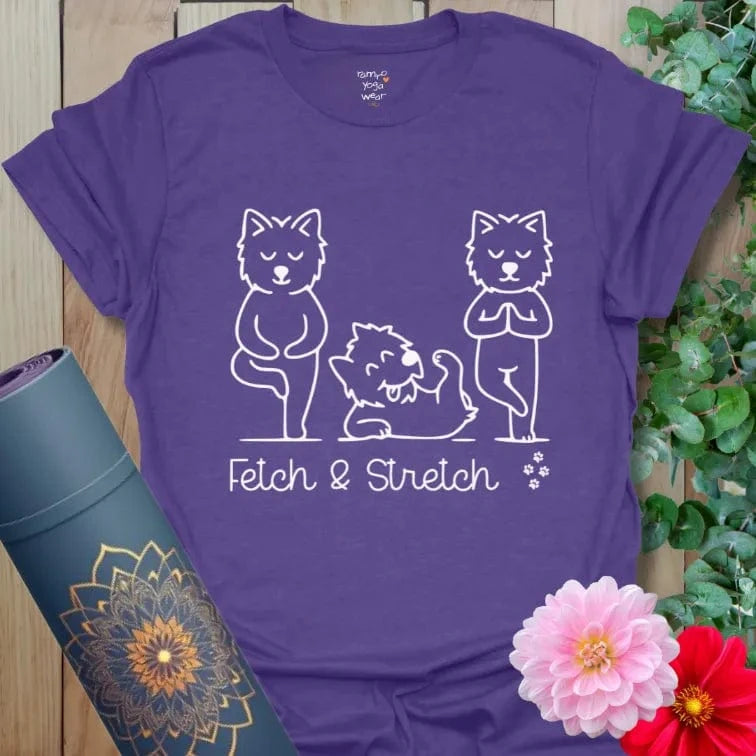 Heather Purple Fetch T-Shirt featuring yoga dogs and text “Fetch & Stretch.” Dog lover yoga tee.