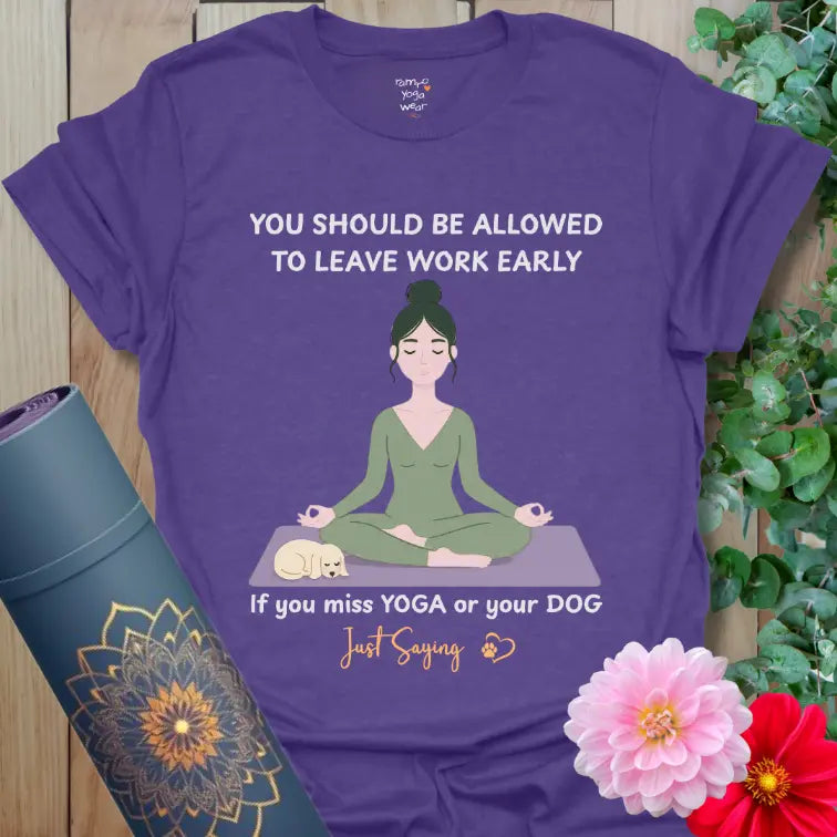 Heather Purple Leave Work T-Shirt featuring a sleepy pup on a lavender yoga mat paired with a humorous quote about leaving work early. Soft, playful yoga-dog graphic tee.