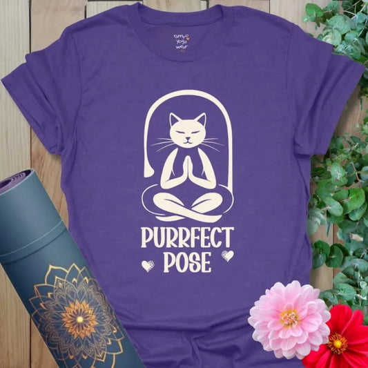 Heather Purple Purrfect Pose T-Shirt featuring a serene cat practicing Tree Pose. Fun yoga cat tee with mindful spirit.