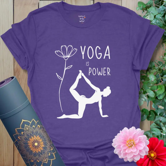 Heather Purple Soft Power T-Shirt with yoga silhouette in Dancer’s Pose and flower design.