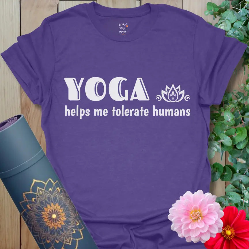Heather Purple Tolerate T-Shirt featuring a fun, yoga-inspired message on soft cotton for relaxed, expressive style.