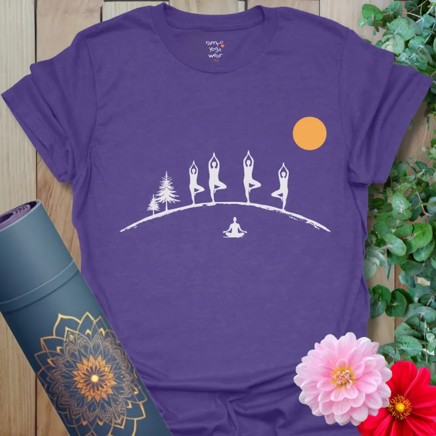Heather Purple Tree Line T-Shirt showcasing a serene Tree Pose yoga line design in white. Calm, balanced yoga apparel.