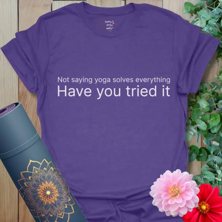 Heather Purple Tried It T-Shirt with yoga quote text design. Relaxed fit tee for post-class coffee and soulful smiles.