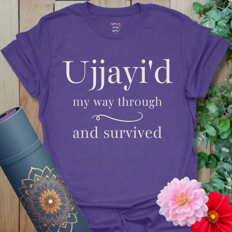 Heather Purple Ujjayid T-Shirt with minimalist breath-inspired design. Expressive yoga tee blending calm and quiet strength.