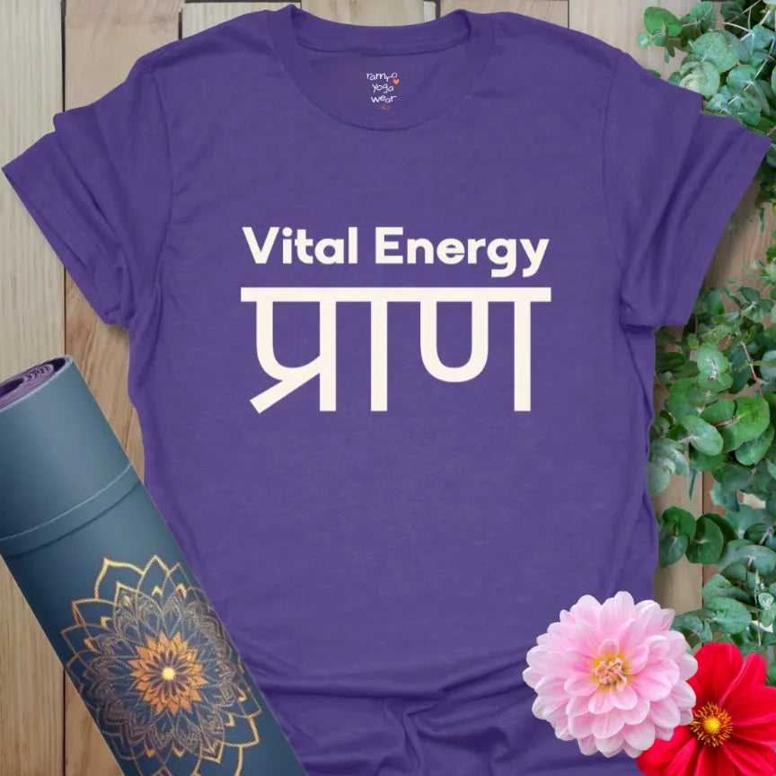 Heather Purple yoga tee with bold white text “Vital Energy” and Sanskrit “प्राण” beneath. A powerful and spiritual breath-inspired design.