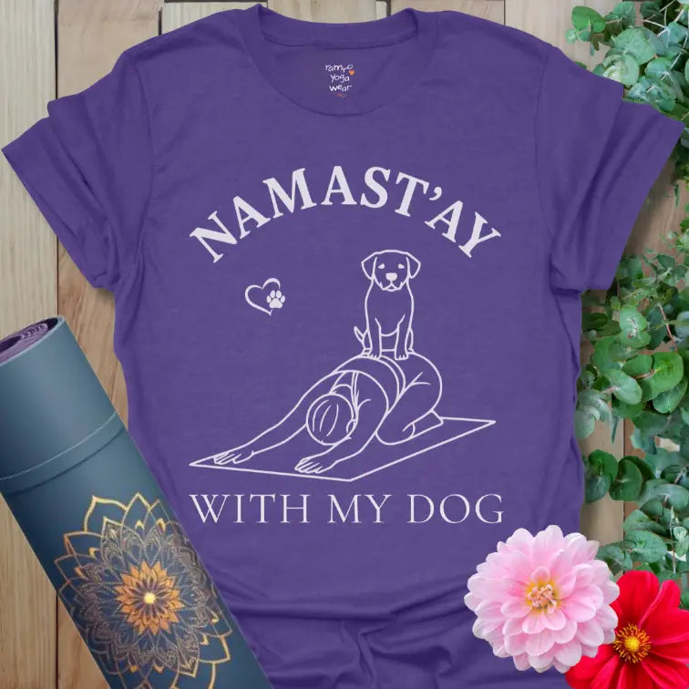 Heather Purple With My Dog T-Shirt showing a dog perched on a yogi in Child’s Pose. Fun yoga and dog lover graphic tee.