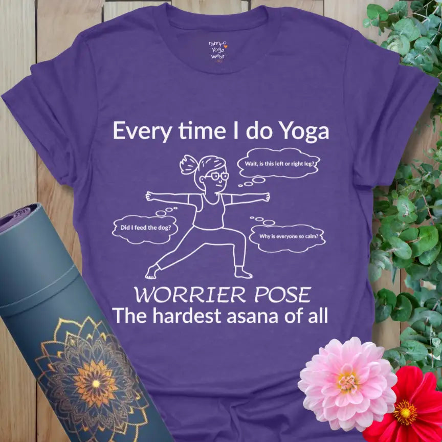Heather Purple Worrier T-Shirt with clean white line drawing of a yogi in Warrior Pose and playful thought bubbles. Funny yoga T-shirt for everyday wear.