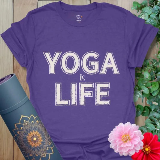 Heather Purple Yoga Life T-Shirt with large bold letters reading "Yoga is Life." A yoga lifestyle tee for mindful movement and balance.