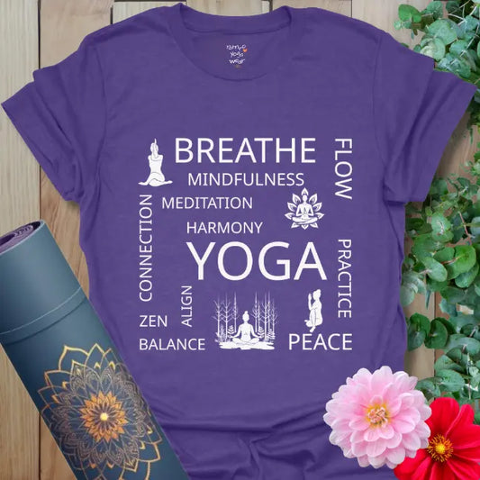 Heather Purple Yogi State T-Shirt featuring yoga word art and serene poses. Perfect for mindfulness and calm living.