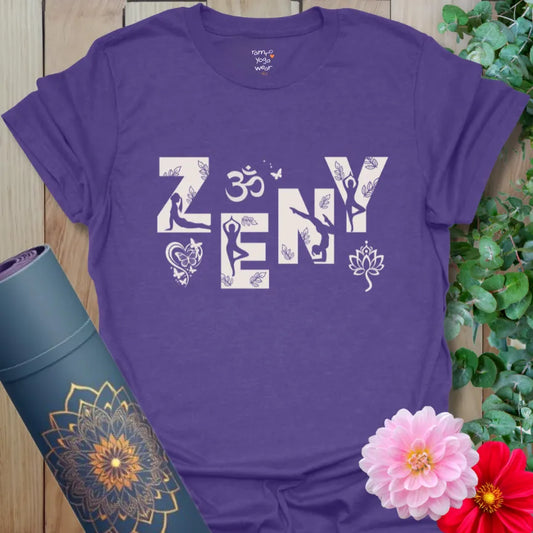 Heather Purple Zeny T-Shirt with bold yoga silhouettes and sacred symbols inside cut-out lettering. Mindful flow and soul in motion.