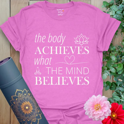Heather Radiant Orchid Achieve T-Shirt with white spiritual quote and lotus icon. Bold yet feminine yoga affirmation tee.