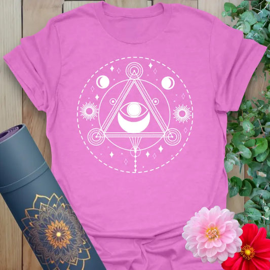 Heather Radiant Orchid T-Shirt – All Seeing Eye sacred geometry yoga tee with mystical third eye design  crafted by Ramro Yoga Wear.
