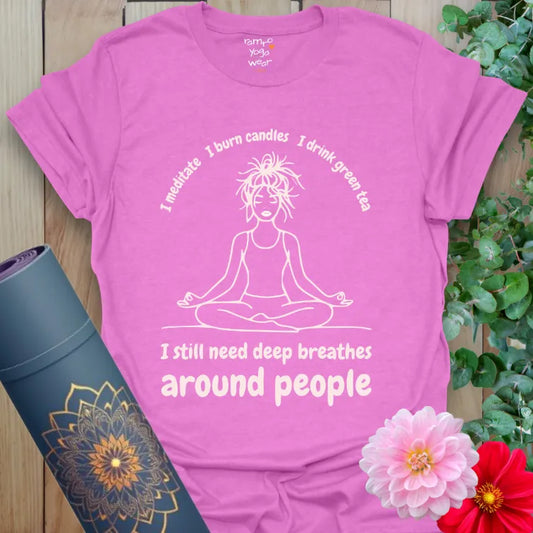 Heather Radiant Orchid Around People T-Shirt featuring a meditating figure and lighthearted yoga quote for mindful souls who still need space.