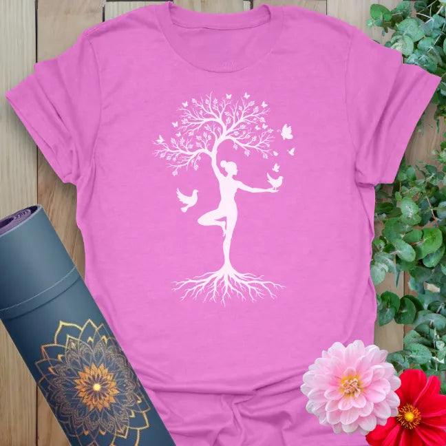 Purple yoga t-shirt with graceful rooted yogi design for mindful living