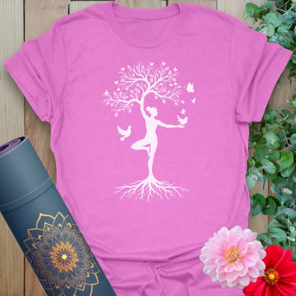 Purple yoga t-shirt with graceful rooted yogi design for mindful living