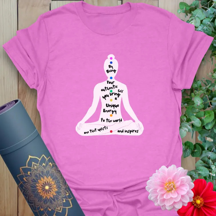 Purple yoga tee with self-love mantra and mindful message
