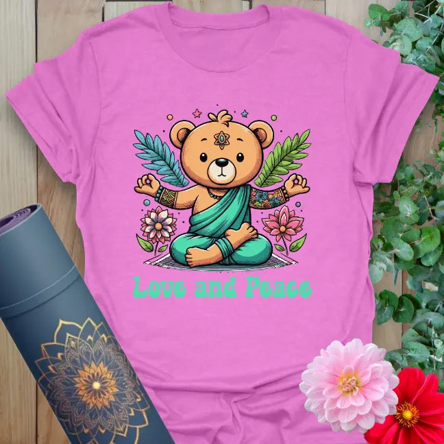 Purple Bear T-Shirt with bold love and peace graphic and spiritual vibe