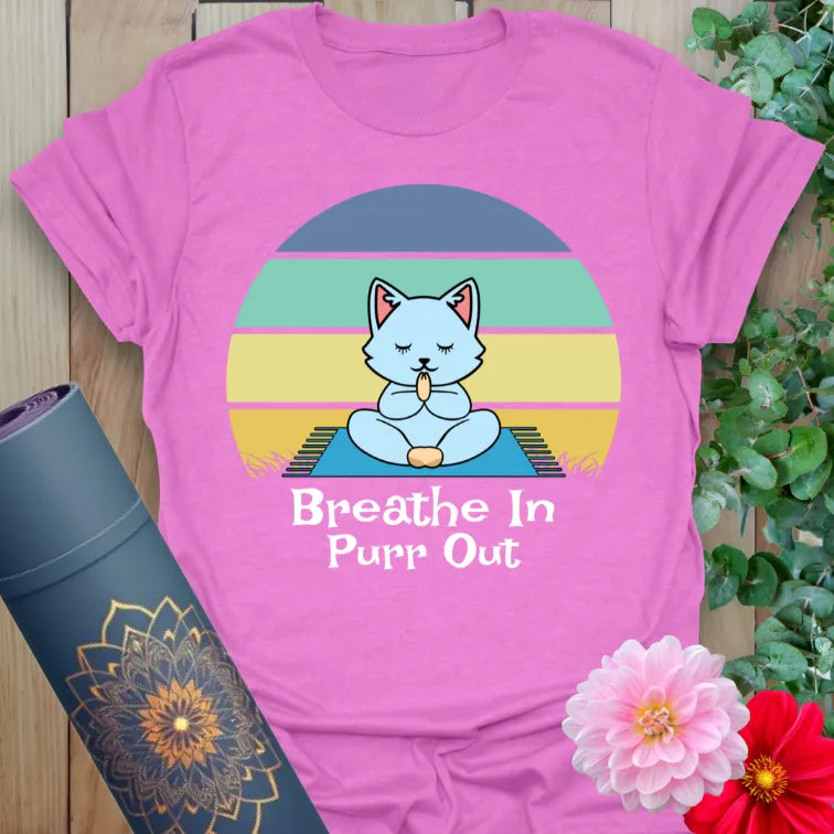 Purple Breathe In T-Shirt featuring playful yoga cat and purr quote

