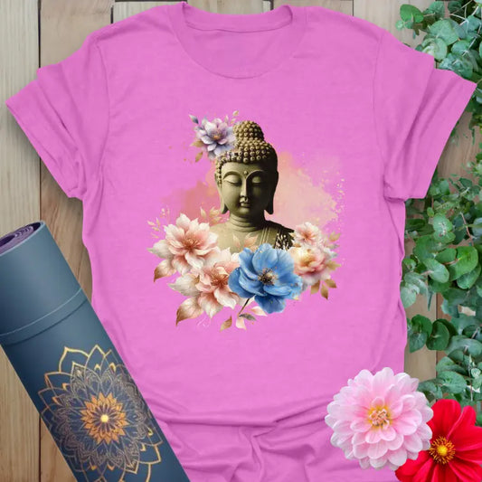 Purple Buddha Offering T-Shirt with floral yoga design