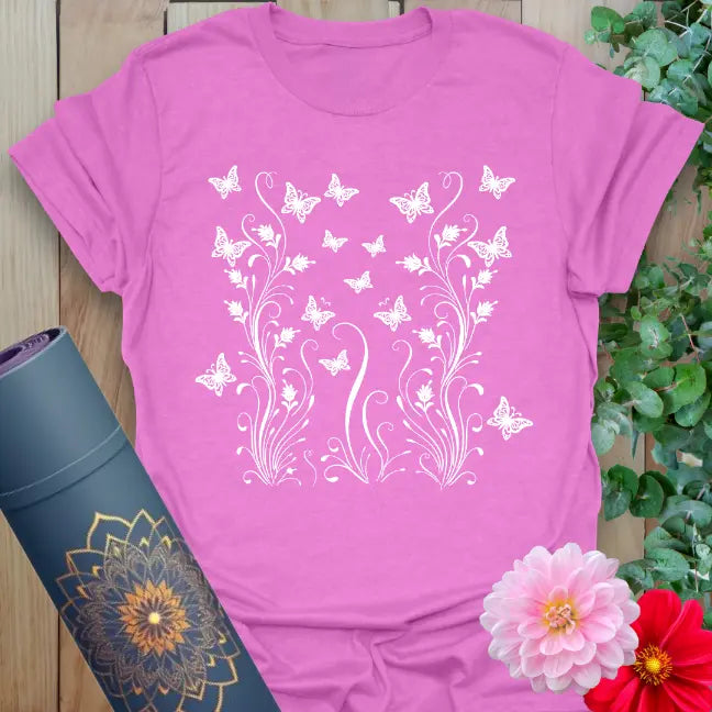 Purple Butterfly T-Shirt with graceful transformation artwork