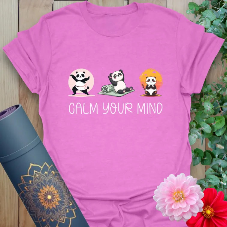 Purple Calm T-Shirt with yoga panda design and "Calm Your Mind" text