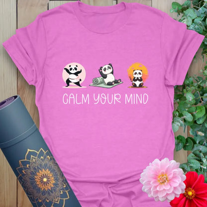 Purple Calm T-Shirt with yoga panda design and "Calm Your Mind" text