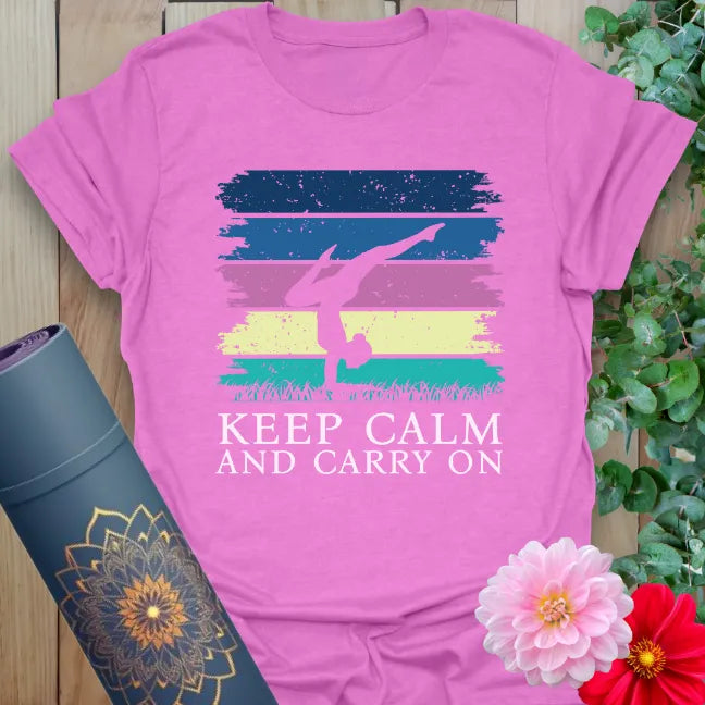 Purple Carry On T-Shirt with handstand yogi design and calm quote