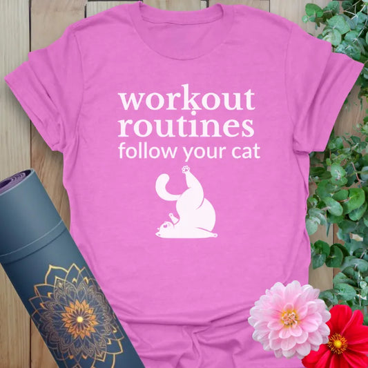 Purple Cat Routine T-Shirt with playful quote and feline pose design