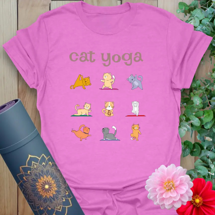 Purple Cat T-Shirt with colorful cat yoga poses and soft cotton feel