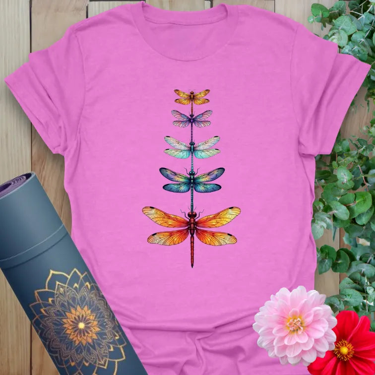 Purple Change T-Shirt with vibrant dragonfly evolution artwork