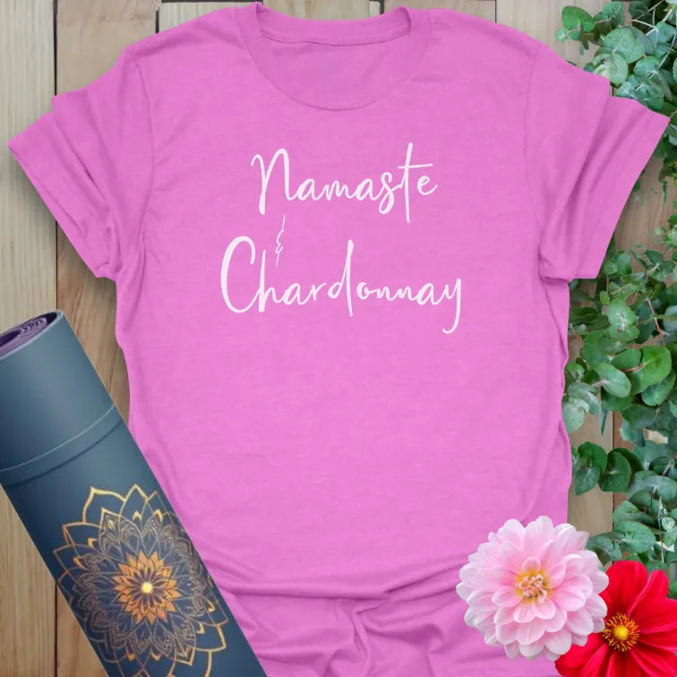 Purple Chardonnay T-Shirt with wine-themed yoga saying